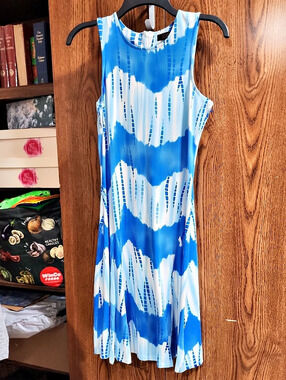 NY Collection Blue & White Abstract Midi Dress NWT